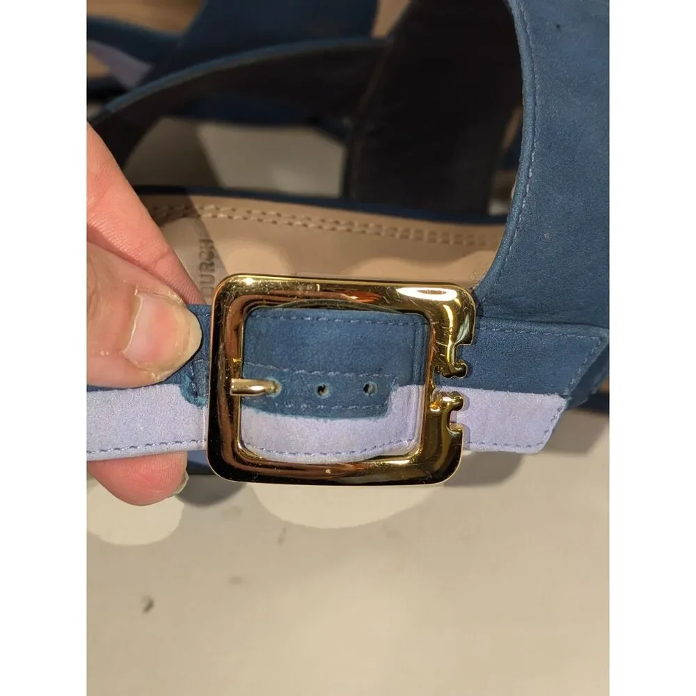 Tory Burch Teal and Light Blue Block Heel Sandals with Gold Buckle